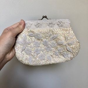 Vintage Beaded Floral White Evening Chain Purse